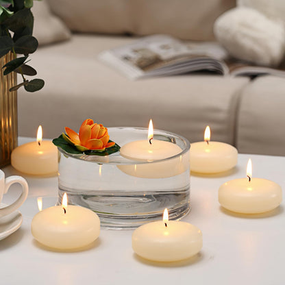 qinxiang 12 Pack Floating Candles, 3” Ivory Unscented Dripless Wax Burning Candles, for Cylinder Vases, Weddings, Party and Holiday
