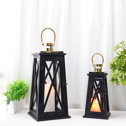 TRIROCKS Set of 2 Farmhouse Wood Candle Lantern 22'' &15.5'' H Decorative Candle Holders with Tempered Glass Rustic Hanging Lantern for Garden Patio Wedding Parties Indoor Outdoor(Black Trapezoid)
