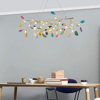 ZYBB Agate Firefly Chandelier Dining Room,Blue G4 Elegant Flush Mount Long Ceiling Light Fixture,24 Light Creativity Colorful Agate Stone During Light-Gold and Colored Agates