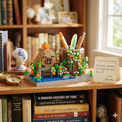 Reading Cute Capybara Desktop Decor - Micro Mini Building Block Toy Pen Holder Animal Style with Flower Perfect as a Gift Representing Love for Learning
