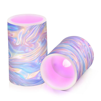 ALAZA Holographic Pattern Flameless Candles, LED Pillar Candles with Remote Timer, Battery Operated Candles Set of 2