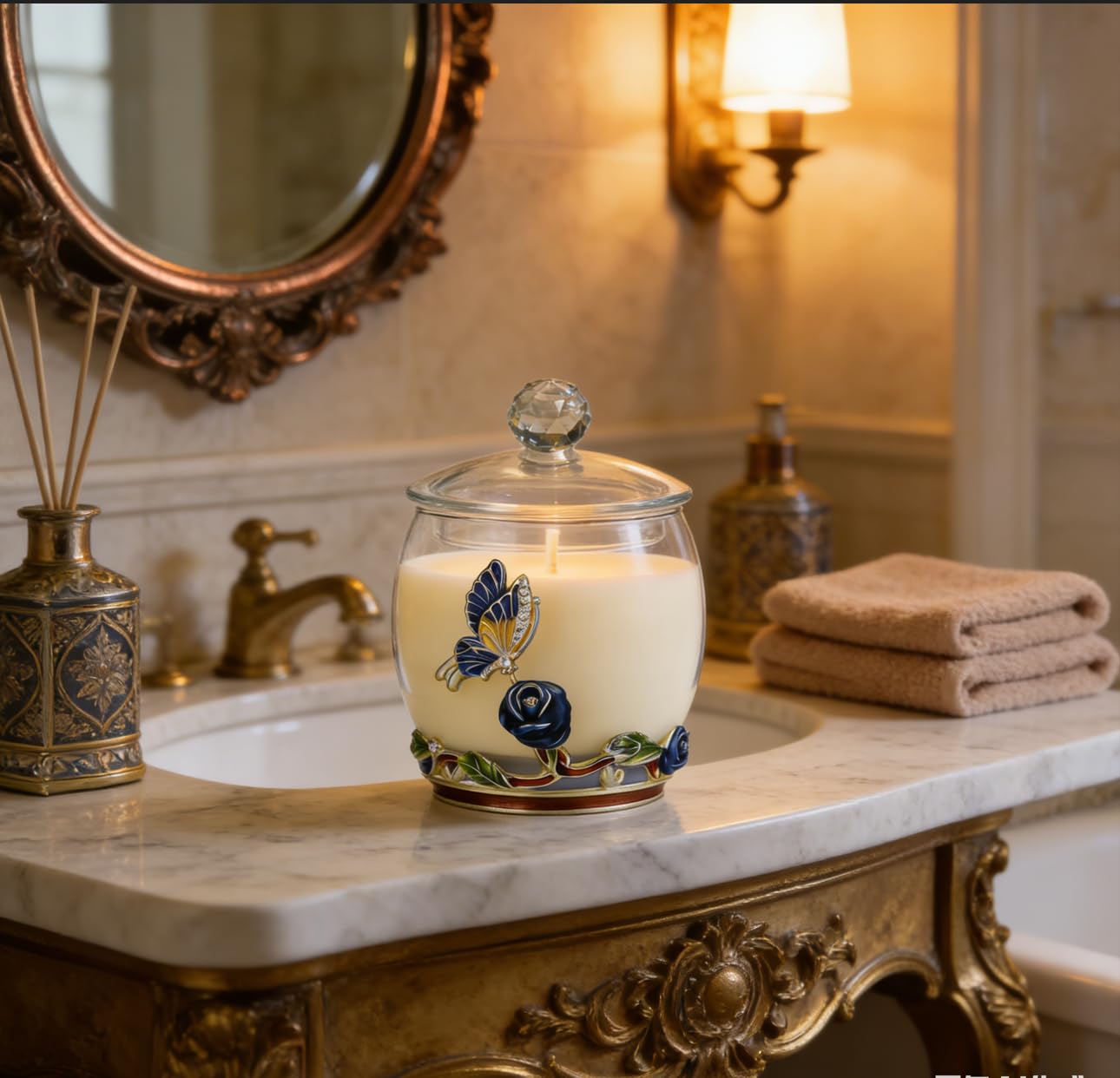Scented Candles Gifts for Women - Enamel Butterfly & Blue Rose Decorative Glass Jar with Faceted Crystal Lid, Special Candle for Friend Mom Sister Friend, Unique Birthday Mother's Day Christmas Gift