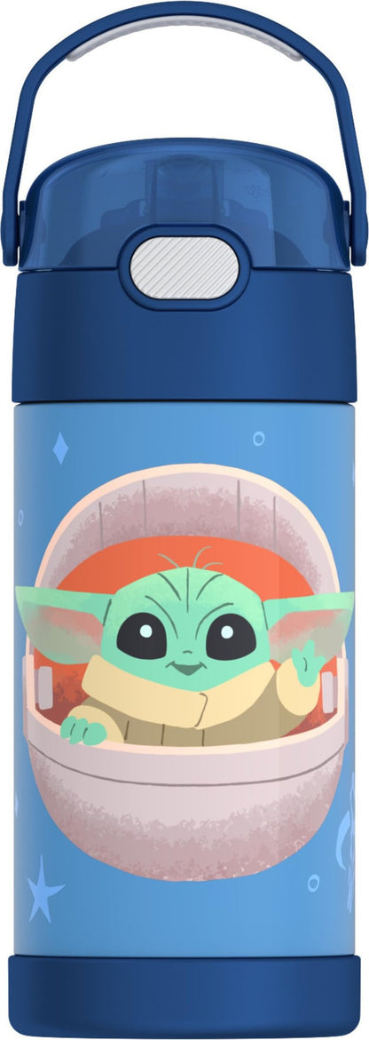 THERMOS FUNTAINER Water Bottle with Straw - 12 Ounce - Kids Stainless Steel Vacuum Insulated Water Bottle with Lid, Mandalorian The Child