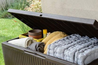 Keter Cushion Box, Rainproof, Balcony Springwood Cushion Storage Box, Brown, 123 x 53.5 x 57 cm, 305 L, 17202488
