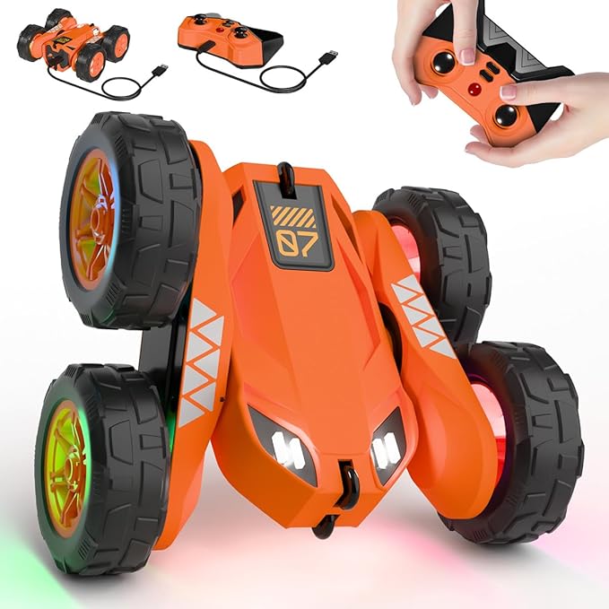 MaxTronic Fast Direct Charging Remote Control Car with LEDExclusive Dual USB-C Charging for Car &amp Controller - 2.4Ghz 15km/h 360° Flips Rotations 4WD RC Stunt Car Fully Rechargeable for Kids 3-12