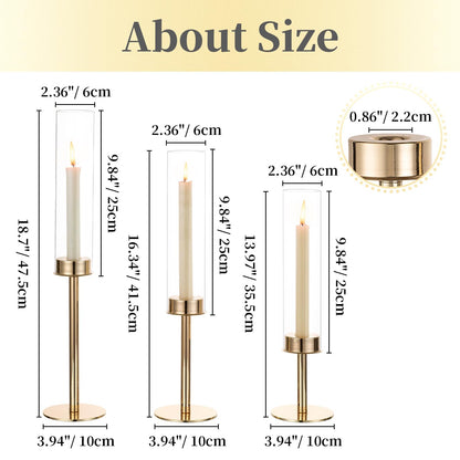 Hewory Gold Candle Holders Hurricane Candlestick Holders, 6Pcs Candle Stick Candle Holder Candelabra, Taper Candle Holders with Glass Candle Cover for Wedding Table Centerpiece Christmas Decor