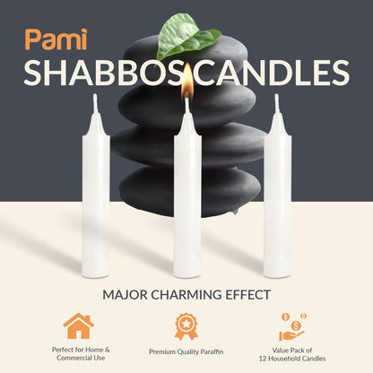 PAMI Traditional Shabbat Candle Sticks [12-Pack] - Unscented Taper Candles with 3 Hours Burning Time- Paraffin Shabbos Candles with Beautiful Flame- Tall Dinner Candles for Candlestick Holders