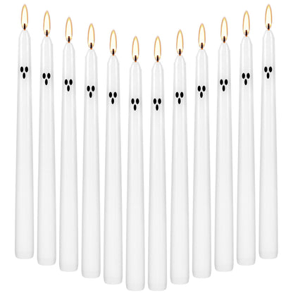 12 Pack Halloween Taper Candles - 10 Inch White Ghost Face Smokeless Candles, Long-Lasting 7+ Hour Burn, Premium Wax for Spooky Decor & Parties
