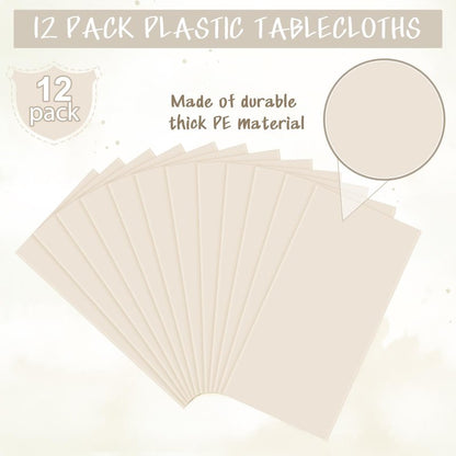 YIDAKO 12Pcs Beige Tablecloths for Rectangle Tables,Disposable Plastic Ivory Table Cloth,Waterproof Cream Table Cover for Birthdays Weddings Anniversary Party Decorations,54 x 108 Inch