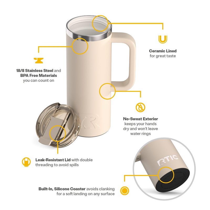 RTIC 20oz Road Trip Travel Mug with Lid and Handle, Ceramic Lined, Insulated, Stainless Steel, Metal, Double Wall Vacuum-Insulation, Portable Coffee, Tea Cup for Hot and Cold Drink, Beach