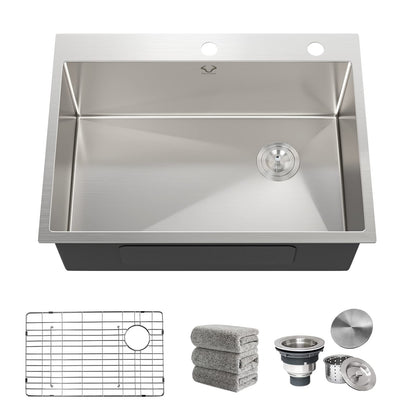 Kitchen Sink 27 x 22 inch Drop-In Top Mount 16 Gauge Tight Radius Single Bowl 2-Hole Stainless Steel Kitchen Sink and Accessories (Pack of 4)