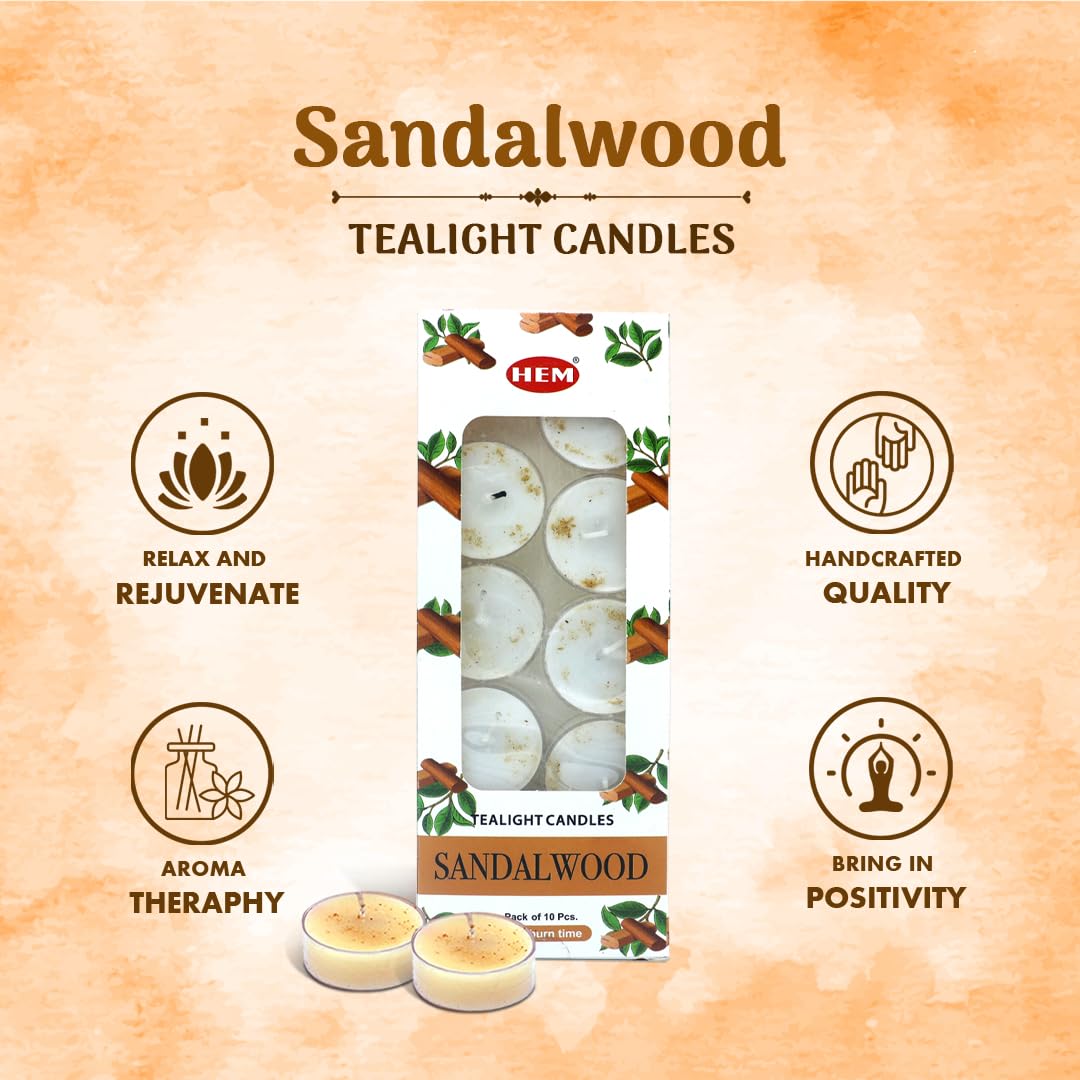 HEM Sandalwood Scented Tealight Candles – Pack of 10 | Natural Soy Wax, Non-Toxic & Long Burning (Up to 5 Hrs Each) | Soothing Aromatherapy Candles for Relaxation, Meditation & Home Décor