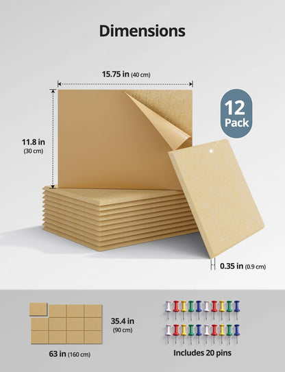 Kuchoow Large Felt Bulletin Cork Board Self-Adhesive Brown Pin Wall Tiles, 48'' x 36'' Rectangular Vision Tack Panels for Classroom Office Display 12 Pack Corkboard for Kitchen Bedroom Home Decor