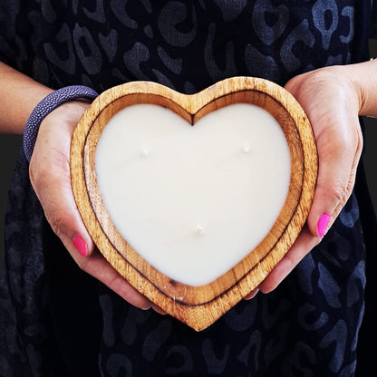 BestySuperStore 6” Heart Shaped Wooden Bowl Vanilla Sandalwood Scented Soy Wax Candle - 3 Wicks 5 oz Decorative Dough Bowls Candles for Anniversary Engagement Wedding Birthday Valentine Christmas Gift