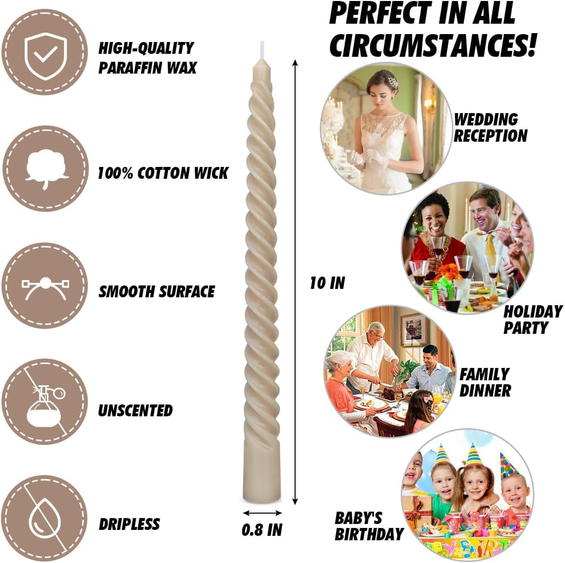 6 Pack 10 Inch Light-Mocha Spiral Taper Candles for Home Decor, Unscented Dripless Twisted Candlesticks for Weddings Dinner Holiday Decoration Formal Events