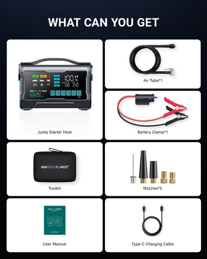 VANTRUE POWER JS3 Real 3250A Jump Starter with Air Compressor 160PSI, 12V Car Battery Booster with 9" Large Display, Jump Box with Light, 65W Fast Charging Power Bank, 8.0L Gas/3.8L Diesel Engines