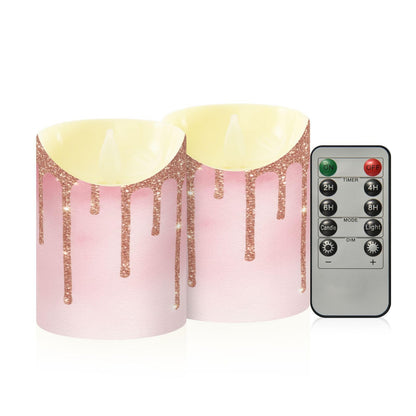Flameless Candles Set of 2 Rose Gold Pink Glitter Drips Realistic LED Candles with Remote Battery Operated Holiday Decorations