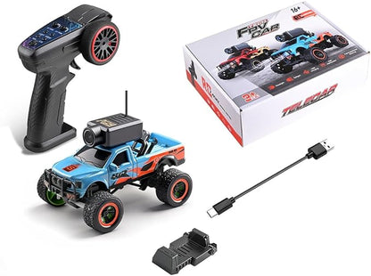 1/64 Scale Mini RC Truck Model 2.4Ghz APP Auto-Pairing Full-Proportional FPV Remote Control Monster Truck with WiFi Camera Lights Speed &amp Steering Adjustable Gift for Adults (RTR/Blue)