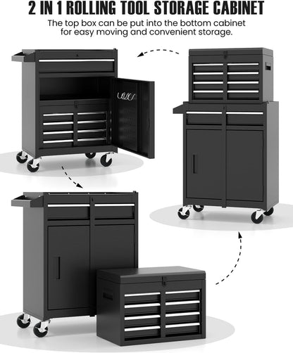 ARNOT 2-in-1 Rolling Tool Chest with 5 Drawers, Heavy-Duty Metal Tool Box with Wheels, Detachable Top Tool Box & Rolling Tool Cabinet for Garage, DIY (5-Drawers, Black)