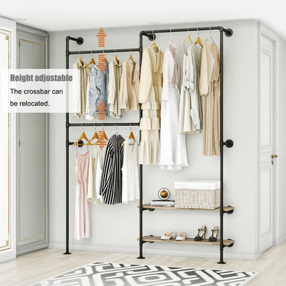 KaKaBB Industrial Pipe Wall-Mounted Clothing Rack with Double Hanging Rods & Shelves - Heavy Duty Storage for Wardrobe, Bedroom, Walk-In Closet (Black)