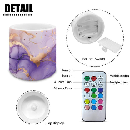 Merkmak 4 Pack Flameless Candles with 18-Key Remote Purple Marble Battery Operated Candles with Timer Flameless Pillar Tea Lights for Party Banquet Home Decorations