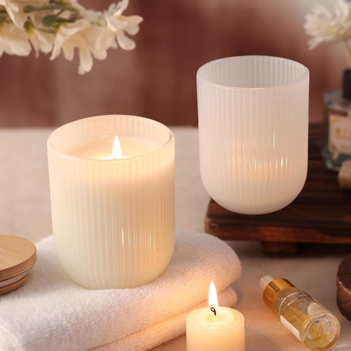 REISEN 12PCS Milky White Ribbed Candle Jars for Making Candles, 8.5 OZ Empty Glass Candle Making Jars with Bamboo Lids, Candle Wick Kit and Sticky Warning Labels, Candle Vessels for Candle Making