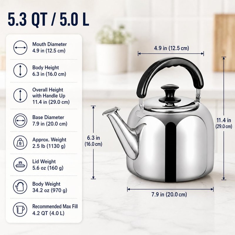 Whistling Stovetop Tea Kettle,Food Grade 316 Stainless Steel,Hot Water Fast to Boil,Stovetop Kettle with Ergonomic Handle,5.3 Quart Capacity