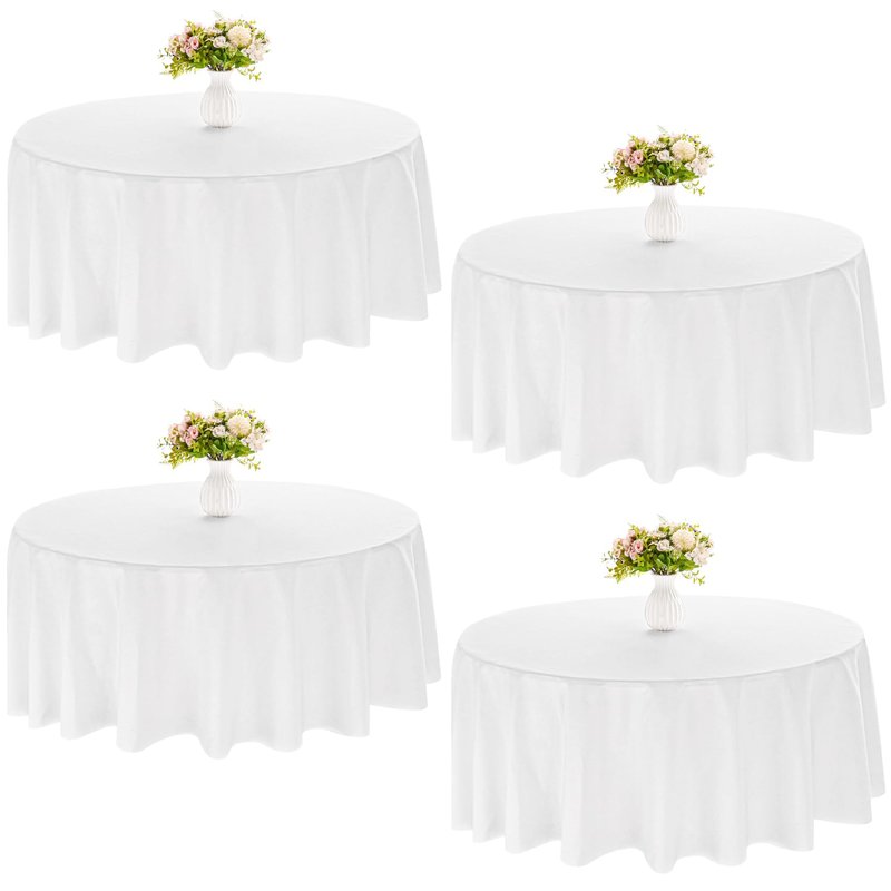 JALANCY 4 Pack Round Tablecloth 90 Inch White Polyester Washable Decorative Fabric Table Covers for Wedding Dining Table Buffet Parties Banquet Decor