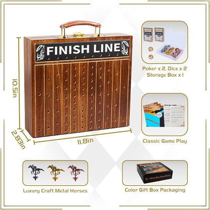 Horse Race Board Game Solid Wood Foldable Racing Board with 11 Metal Horses 2 Dice and 2 Boxes of Cards Portable Travel Game for Family Parties and Holiday Gatherings