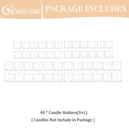 Glasseam Clear Votive Candle Holders Bulk - Set of 48 Small Tealight Holders for Floating Candles, Wedding Centerpieces and Table Decoration