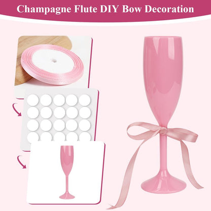 KUK 10 Pack Plastic Pink Champagne Flutes Acrylic Champagne Glasses Wedding Toasting Goblet with Satin Ribbon Nano Tape Reusable Unbreakable Champagne Cups for Bachelorette Bridal Shower Party