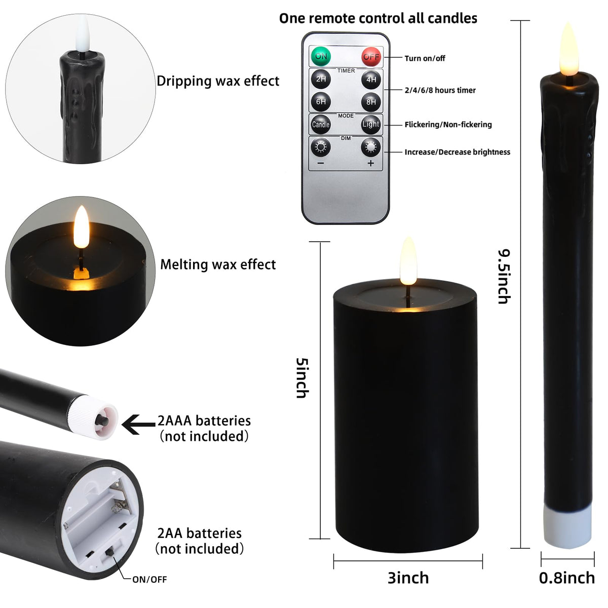 Lezonic Halloween Black Flameless Candles with Remote, Battery Operated Real Wax with Dripping Effect, Flickering LED Candles for Fireplace, Shelf, Centerpiece, Set of 4 (9.5" Taper & 5" Pillar