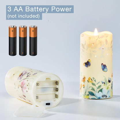 Eywamage Fiber Optic Flameless Pillar Candles with Remote Set of 3, Butterfly Floral Spring LED Candles Battery Operated Gift Φ 3" H 6"