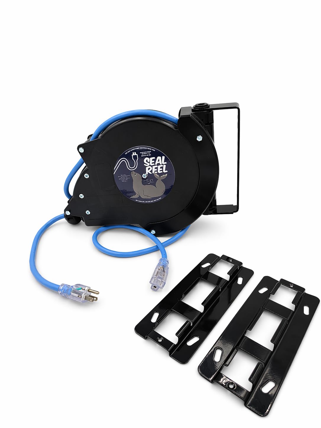 SEAL REEL Reversed Plugs male end retracts Male to Female Watertight Outdoor Retractable Extension Cord Reel – 20ft 12/3 SJEOOW Cable, 20A Breaker, 180° Swivel Mount, Retractable to 10°F.