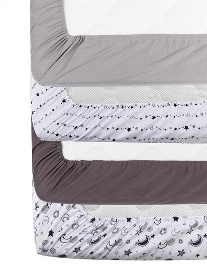 FIGEPO 4 Pack Star and Moon Neutral Unisex Fitted Baby Crib Sheets Set for Baby Boys or Girls