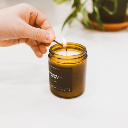 Calyan Wax Co. Oakmoss & Amber Scented Candle - 57 Hour Burn - Luxury Clean Soy Wax Candles - Long Lasting Amber Glass Jar Candle for Home - 7.2oz