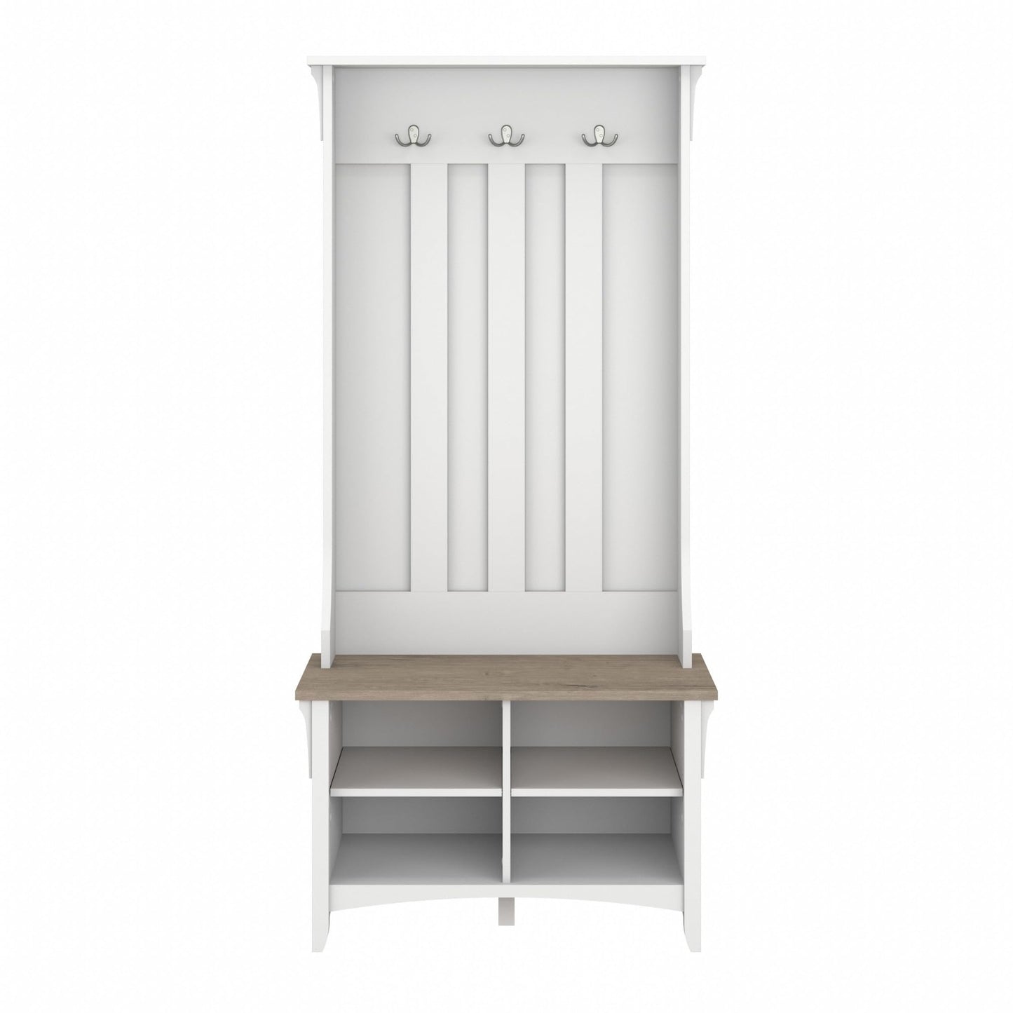 Bush Home Salinas Hall Tree with Shoe Storage Bench in Shiplap Gray and Pure White, Multi-Purpose Home Organizer, Entryway Solution with Seating and Hooks