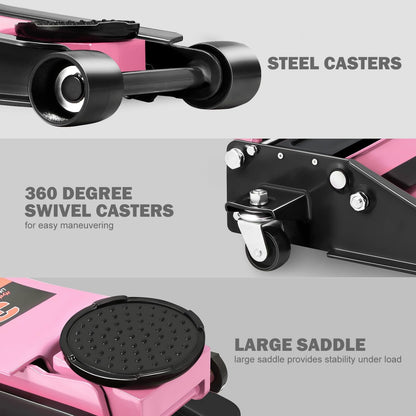 DNA Motoring Low Profile Hydraulic Trolley Service/Floor Jack, 3 Ton (6000 lbs) Capacity, Lifting Range 3"-20", Pink, TOOLS-00475-PK