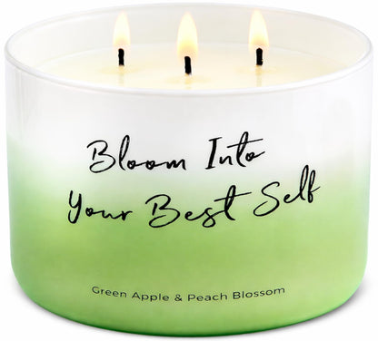 Green Apple Peach Blossom Scented Soy Candle - Large 3-Wick Aromatherapy Candle for Home, 15.8oz - Fresh Fruity Scent - “Bloom Into Your Best Self” Quote - Inspirational Home Decor Gift