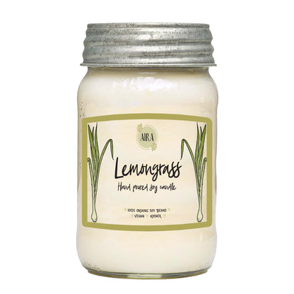 Aira Soy Candles - Organic, Kosher, Vegan, in Mason Jar w/Therapeutic Grade Essential Oil Blends - Hand-Poured 100% Soy Candle Wax - Paraffin Free, Burns 110+ Hours - Lemongrass - 16 Ounces