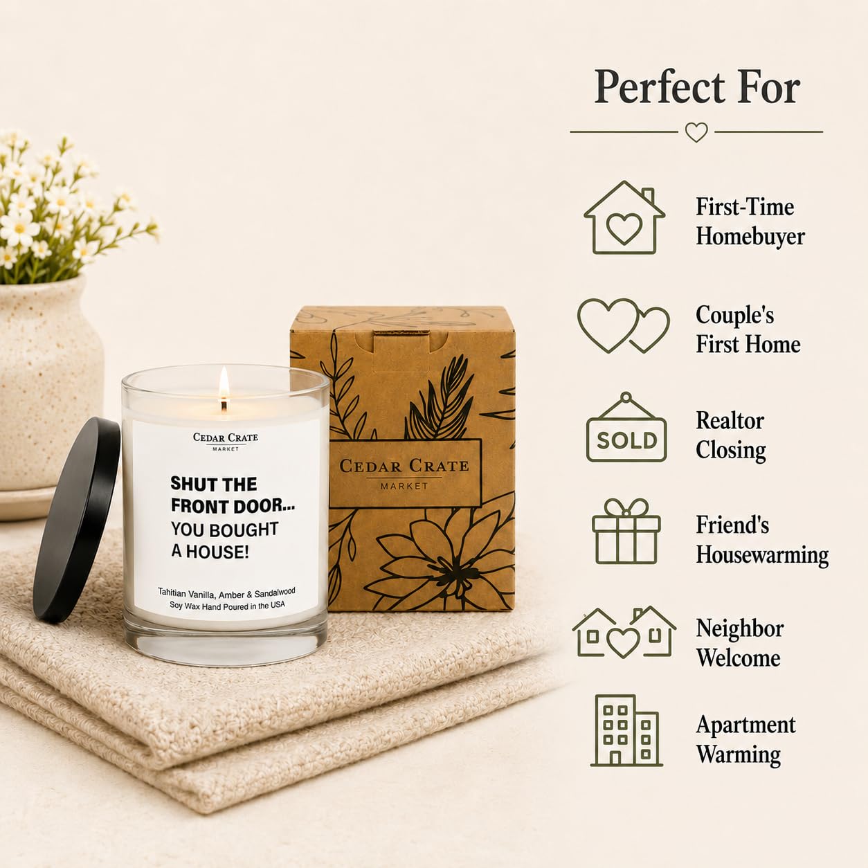 Cedar Crate Market House Warming Gift New Home 2026-13.5oz Soy Candle, Amber Vanilla Sandalwood Scent - Housewarming Gifts for Women, Men, Couple, Friends, Neighbors - USA Made, 60+ Hour Burn