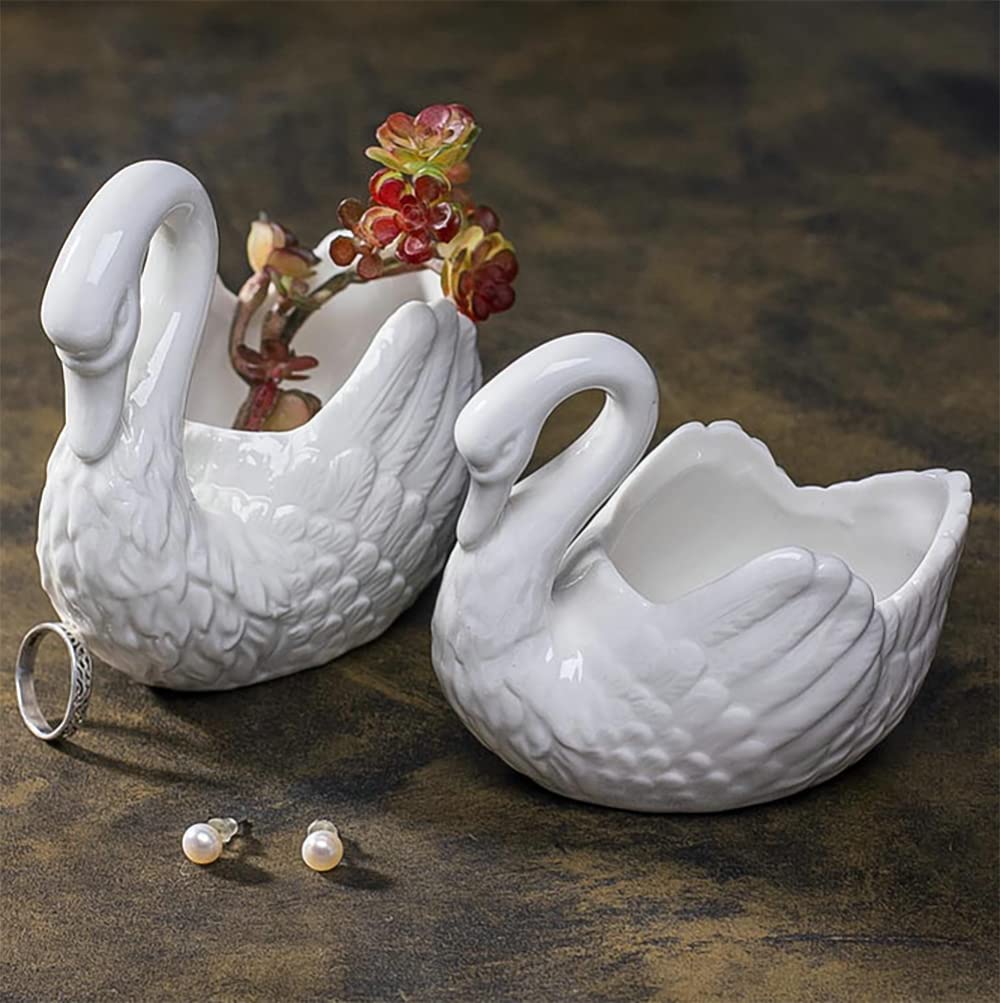 XESAGSNV White Ceramic, Swan Flowerpot, Succulent Flowerpot, Medium Temperature Porcelain, Can be Used as Candle Holder (1, Large)