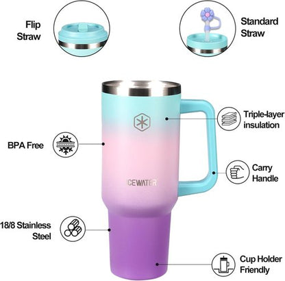 ICEWATER 40 oz Insulated Tumbler - 100% Leak Proof with 2 Lids & Handle | Stainless Steel in Violet