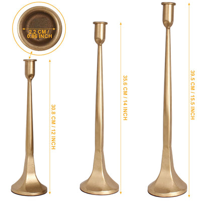 Set of 3 Gold Iron Candlestick Holders – Tapered Candle Holders for 3/4" Candles, Tall Candle Stick Set for Dining Table, Wedding, and Home Décor