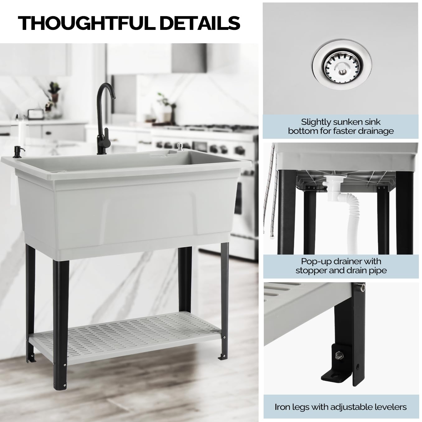 Bonnlo 37-Gallon Freestanding Utility Sink with Faucet, 36" Heightened Basin for Laundry, Garage, Outdoor Garden, Pet Wash, Heavy Duty Plastic Laundry Tub with Storage Shelf, 40"L×24"W×36"H (Gray)