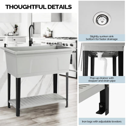 Bonnlo 37-Gallon Freestanding Utility Sink with Faucet, 36" Heightened Basin for Laundry, Garage, Outdoor Garden, Pet Wash, Heavy Duty Plastic Laundry Tub with Storage Shelf, 40"L×24"W×36"H (Gray)