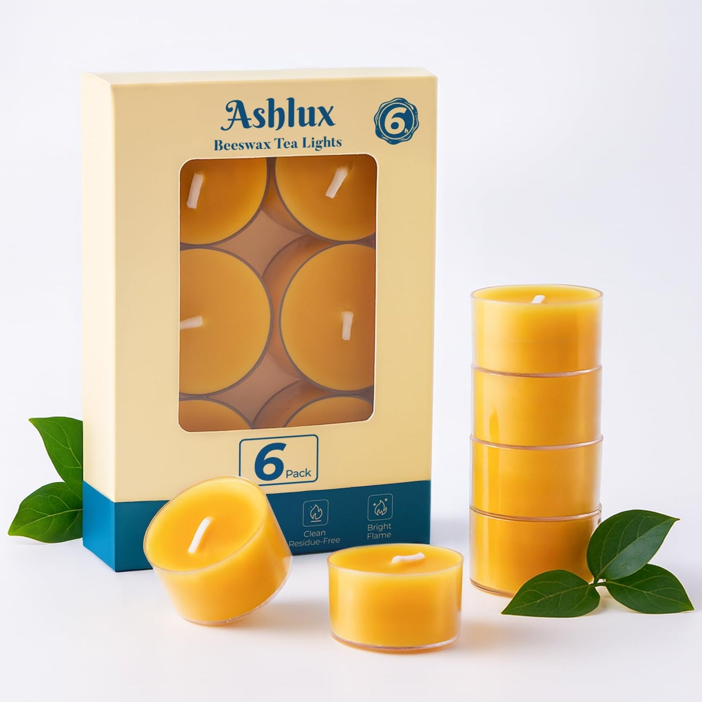 Ashlux 6 Hours Beeswax Tealights Candles, 6 Packs Pure Beeswax Tea Lights