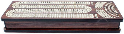 House of Cribbage - Continuous Cribbage Board/Box Inlaid in Rosewood/Maple : 4 Track - Side Drawers with Score Marking Fields for Skunks Corners and Won Games