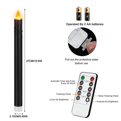 wemarry Flameless Taper Candles 10.6" Dripless Battery Operated Taper Candles Included Remote Timer 400+ Hours by 2AA Batteries for Halloween Christmas Wedding (Black, 24 Pack)