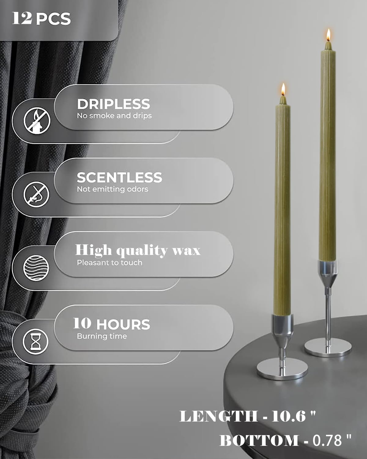 Olive Taper Candles Tall Tapered Candlesticks Set of 12 Unscented Dripless Smokeless Long Wedding Advent Home Decor Dinner Christmas-Natural Color Series-10.6 Inch